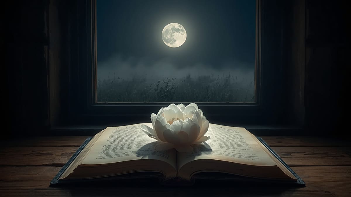 Раскрытая книга и белый пион в лунном свете