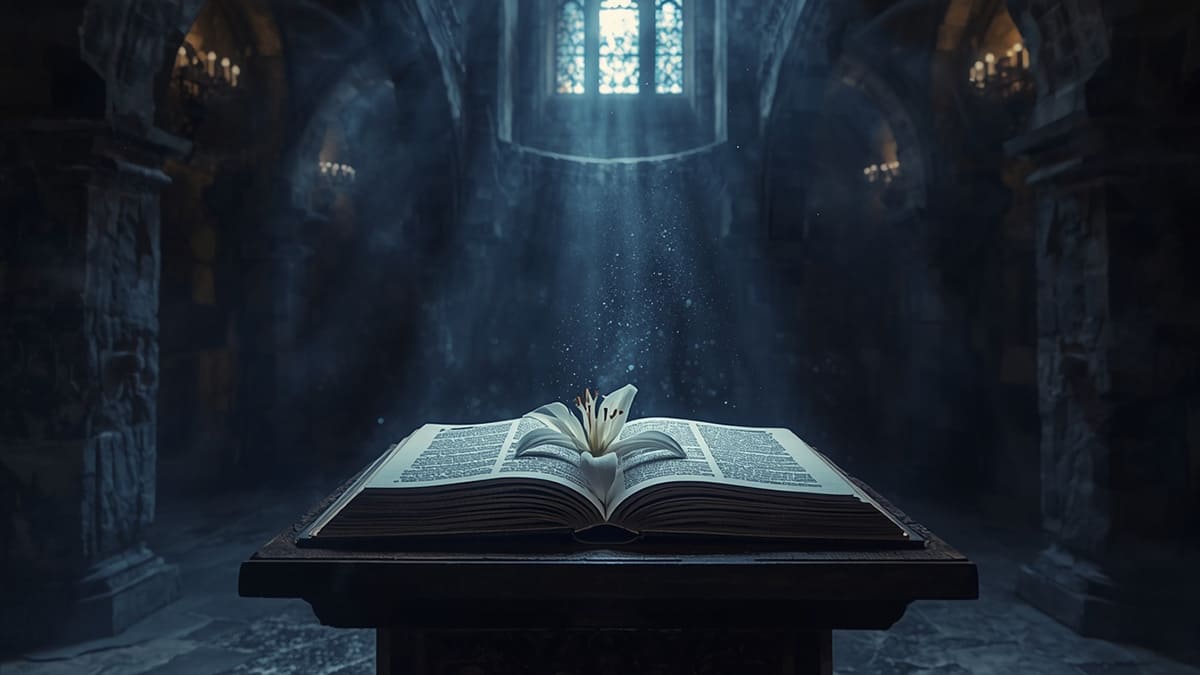 Старинная книга и светящаяся лилия в лунном свете